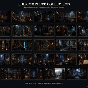 May include: A collection of 24 numbered dark, atmospheric scenes titled THE COMPLETE COLLECTION, 24 numbered scenes &mdash; one connected Blackthorn chapter. The images feature gothic architecture, candlelight, and moody interiors, with text at the bottom reading DISPLAY IN STORY ORDER OR ROTATE YOUR FAVORITES and BRIGHT ART CONCEPTS.