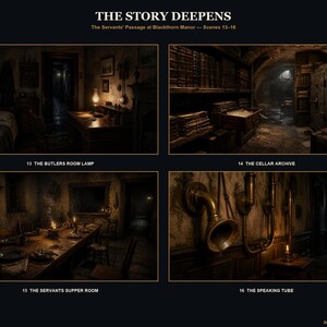 May include: A digital art print titled THE STORY DEEPENS featuring four dark, atmospheric scenes from Blackthorn Manor: The Butler's Room Lamp, The Cellar Archive, The Servants' Supper Room, and The Speaking Tube, all rendered in muted, moody tones.