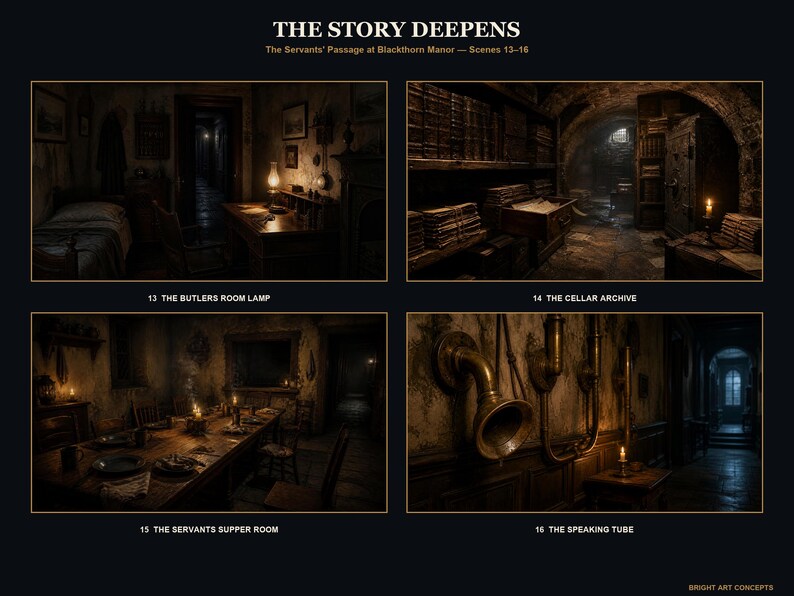 May include: A digital art print titled THE STORY DEEPENS featuring four dark, atmospheric scenes from Blackthorn Manor: The Butler's Room Lamp, The Cellar Archive, The Servants' Supper Room, and The Speaking Tube, all rendered in muted, moody tones.