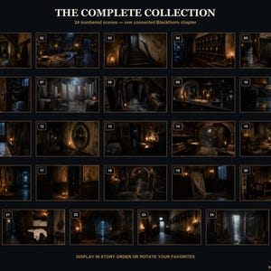 May include: A collection of 24 numbered dark, atmospheric interior scenes titled THE COMPLETE COLLECTION, 24 numbered scenes &mdash; one connected Blackthorn chapter, displayed in a grid with the text DISPLAY IN STORY ORDER OR ROTATE YOUR FAVORITES.