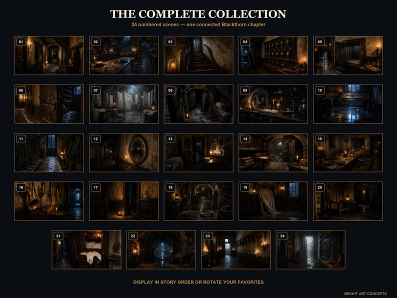 May include: A collection of 24 numbered dark, atmospheric interior scenes titled THE COMPLETE COLLECTION, 24 numbered scenes &mdash; one connected Blackthorn chapter, displayed in a grid with the text DISPLAY IN STORY ORDER OR ROTATE YOUR FAVORITES.