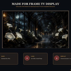 May include: Digital artwork for Samsung Frame TV titled MADE FOR FRAME TV DISPLAY. The image features a dark, moonlit greenhouse interior with glowing white trumpet-shaped flowers, arched glass ceilings, and a path. Includes instructions 1, 2, 3.