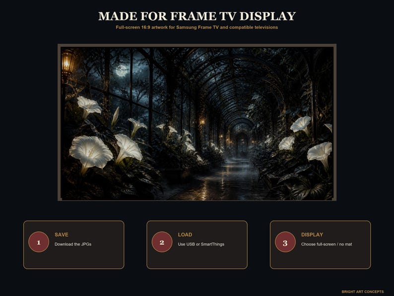 May include: Digital artwork for Samsung Frame TV titled MADE FOR FRAME TV DISPLAY. The image features a dark, moonlit greenhouse interior with glowing white trumpet-shaped flowers, arched glass ceilings, and a path. Includes instructions 1, 2, 3.