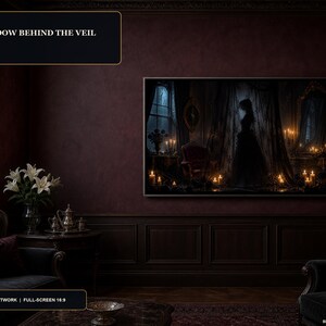 May include: A framed rectangular wall art piece titled THE WIDOW BEHIND THE VEIL, depicting a dark, candlelit room with a silhouette of a figure standing behind a sheer curtain, surrounded by warm glowing candles and ornate furniture in a moody setting.