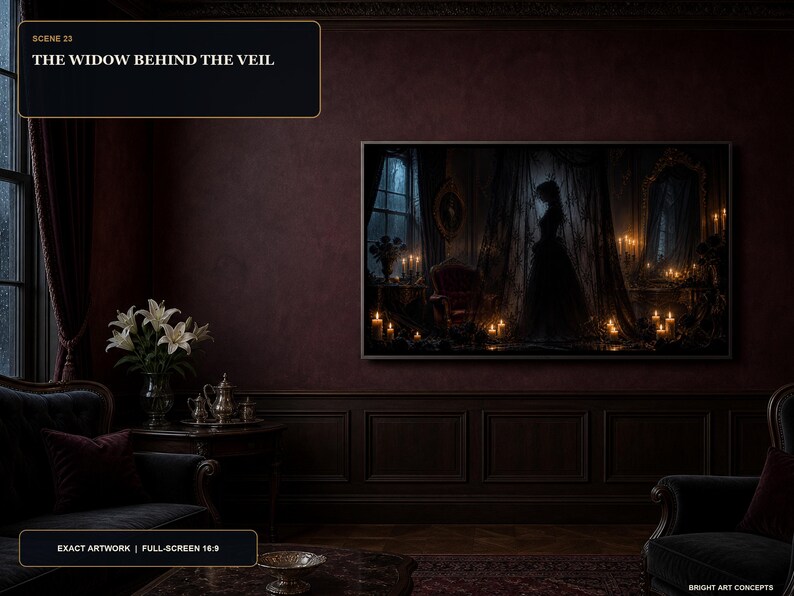May include: A framed rectangular wall art piece titled THE WIDOW BEHIND THE VEIL, depicting a dark, candlelit room with a silhouette of a figure standing behind a sheer curtain, surrounded by warm glowing candles and ornate furniture in a moody setting.