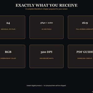 May include: A digital product information graphic with a black background and gold text. It lists specifications including 24 individual JPG files, 3840 x 2160 4K UHD pixels, 16:9 full-screen landscape, RGB screen-ready color, 300 DPI, and a PDF guide.