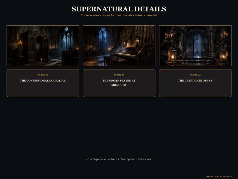 May include: A dark-themed presentation titled SUPERNATURAL DETAILS featuring three cinematic images: a confessional door ajar, an organ played at midnight, and a crypt gate opening. The layout includes descriptive text labels for each scene.