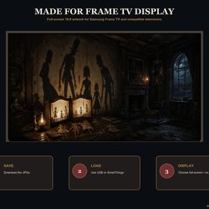 May include: Digital artwork for Samsung Frame TV featuring a dark, atmospheric room with a shadow puppet theater on a table. The scene includes silhouettes of figures on the wall, a lantern, and instructions labeled 1 SAVE, 2 LOAD, and 3 DISPLAY.