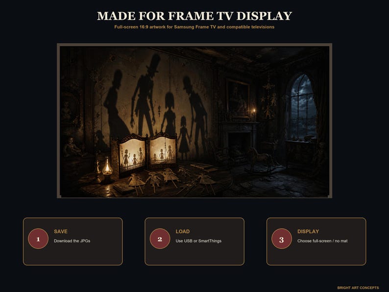 May include: Digital artwork for Samsung Frame TV featuring a dark, atmospheric room with a shadow puppet theater on a table. The scene includes silhouettes of figures on the wall, a lantern, and instructions labeled 1 SAVE, 2 LOAD, and 3 DISPLAY.