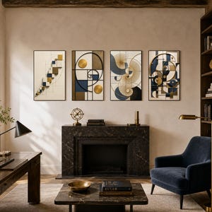 May include: A set of four framed wall art pieces featuring geometric patterns in navy blue, gold, and cream. The designs include squares, circles, and spiral motifs with a layered, three-dimensional appearance, displayed in a row above a fireplace.
