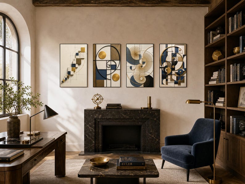 May include: A set of four framed wall art pieces featuring geometric patterns in navy blue, gold, and cream. The designs include squares, circles, and spiral motifs with a layered, three-dimensional appearance, displayed in a row above a fireplace.