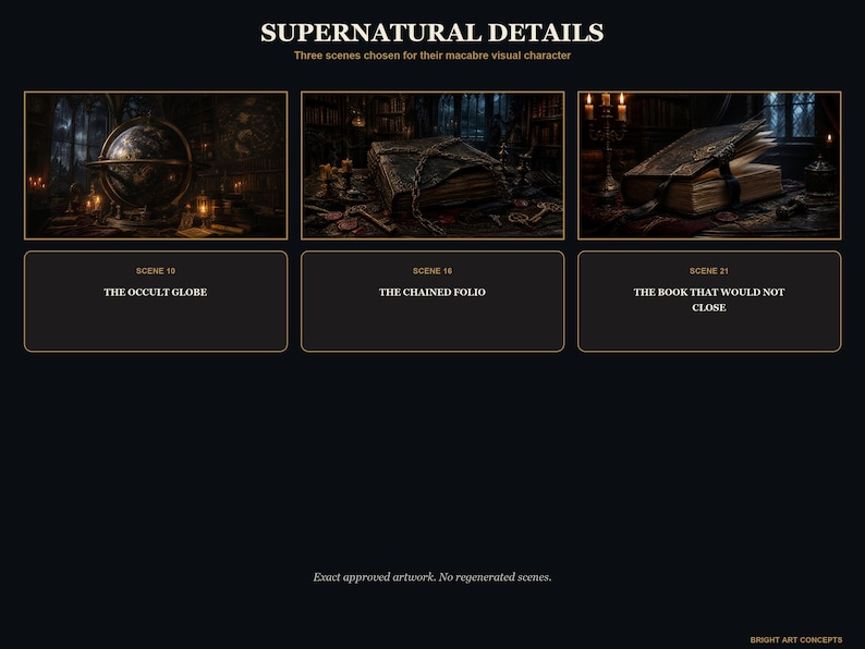 May include: A presentation titled SUPERNATURAL DETAILS featuring three dark scenes: THE OCCULT GLOBE showing a globe in a dim room, THE CHAINED FOLIO displaying a book bound with chains, and THE BOOK THAT WOULD NOT CLOSE showing an open book.
