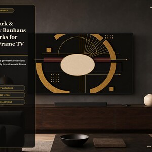 May include: A digital bundle featuring 100 dark and moody Bauhaus-inspired artworks for a Frame TV. The display shows a black screen with gold and cream geometric shapes, including circles and lines, alongside text detailing 10 collections at 3840 x 2160 resolution.