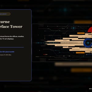 May include: A digital art display titled Nocturne Interface Tower featuring a black background with horizontal tan geometric bars, a blue circular target graphic, and a red semi-circle. The text reads: Nocturne Interface Tower, Tall architectural forms for offices, studios, and dramatic TV art displays, Included in the 100-piece bundle, 3840 x 2160 Frame TV JPG files.