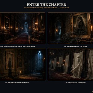 May include: A four-panel digital art collection titled ENTER THE CHAPTER, The Haunted Portrait Gallery at Blackthorn Manor &mdash; Scenes 01-04. It displays dark, atmospheric interior scenes featuring framed portraits, a veiled figure, and draped statues.