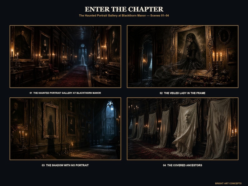 May include: A four-panel digital art collection titled ENTER THE CHAPTER, The Haunted Portrait Gallery at Blackthorn Manor &mdash; Scenes 01-04. It displays dark, atmospheric interior scenes featuring framed portraits, a veiled figure, and draped statues.