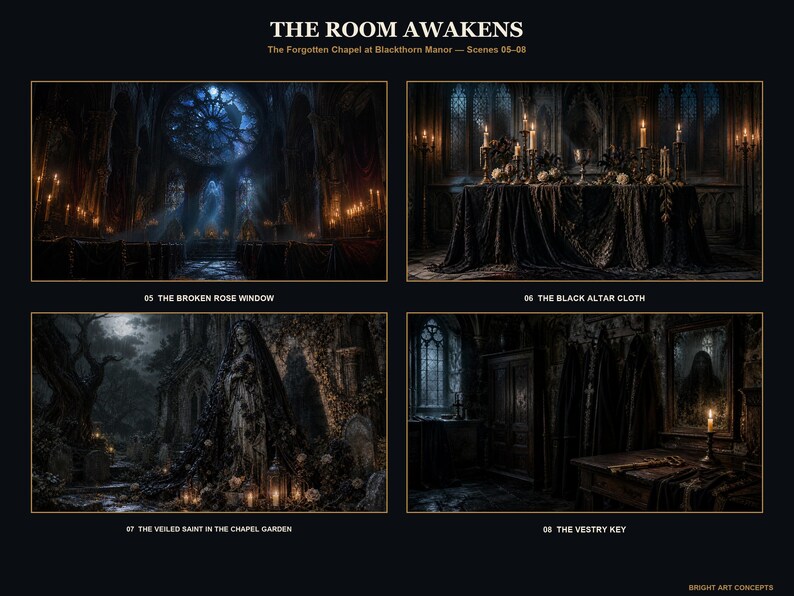 May include: A digital art collection titled THE ROOM AWAKENS: The Forgotten Chapel at Blackthorn Manor, featuring four scenes: 05 THE BROKEN ROSE WINDOW, 06 THE BLACK ALTAR CLOTH, 07 THE VEILED SAINT IN THE CHAPEL GARDEN, and 08 THE VESTRY KEY.