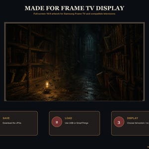 May include: Digital artwork for Samsung Frame TV featuring a dark, gothic library with tall bookshelves, a stone floor, and a single candle illuminating a swarm of small dark butterflies. Text includes MADE FOR FRAME TV DISPLAY and instructions.