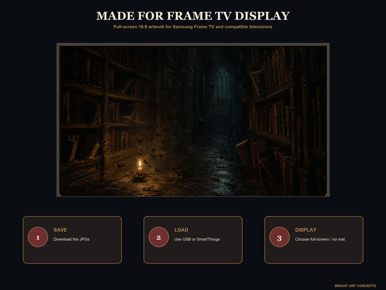 May include: Digital artwork for Samsung Frame TV featuring a dark, gothic library with tall bookshelves, a stone floor, and a single candle illuminating a swarm of small dark butterflies. Text includes MADE FOR FRAME TV DISPLAY and instructions.