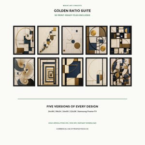 May include: A digital art collection titled Golden Ratio Suite featuring 50 print-ready files. The set includes ten distinct geometric designs in navy blue, gold, and cream, with five size variations listed as 24x36, 18x24, 24x30, 22x28, and Samsung Frame TV.