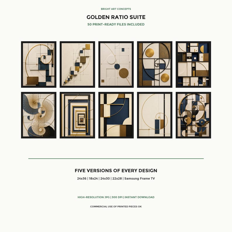 May include: A digital art collection titled Golden Ratio Suite featuring 50 print-ready files. The set includes ten distinct geometric designs in navy blue, gold, and cream, with five size variations listed as 24x36, 18x24, 24x30, 22x28, and Samsung Frame TV.