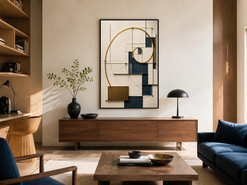 May include: A rectangular wall art piece featuring a gold metallic spiral overlaying a geometric composition of cream, navy blue, and black lines and rectangular blocks, all enclosed within a thin black frame, displayed on a light-colored wall.
