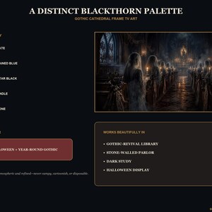 May include: A digital art display titled A DISTINCT BLACKTHORN PALETTE GOTHIC CATHEDRAL FRAME TV ART. It features a color palette of slate, stained blue, altar black, candle, and stone. The image shows a dark cathedral interior with figures.