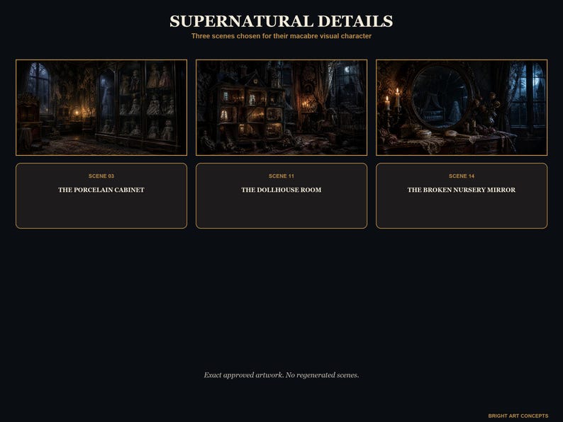 May include: A digital display titled SUPERNATURAL DETAILS featuring three dark scenes: THE PORCELAIN CABINET, THE DOLLHOUSE ROOM, and THE BROKEN NURSERY MIRROR. The layout includes descriptive text below each image and a footer stating BRIGHT ART CONCEPTS.