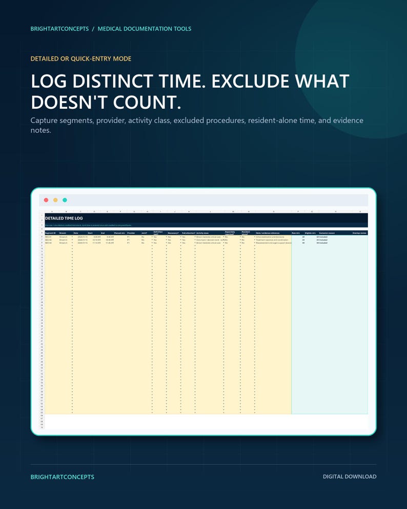 May include: A digital spreadsheet template titled Detailed Time Log with columns for segment ID, provider, activity class, and excluded procedures. The interface features a dark blue header and a light yellow data entry area for medical documentation.
