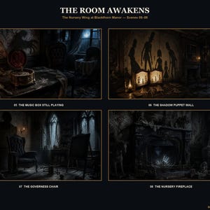 May include: A digital art print titled THE ROOM AWAKENS, The Nursery Wing at Blackthorn Manor &mdash; Scenes 05-08. It features four dark, atmospheric illustrations: 05 THE MUSIC BOX STILL PLAYING, 06 THE SHADOW PUPPET WALL, 07 THE GOVERNESS CHAIR, and 08 THE NURSERY FIREPLACE.