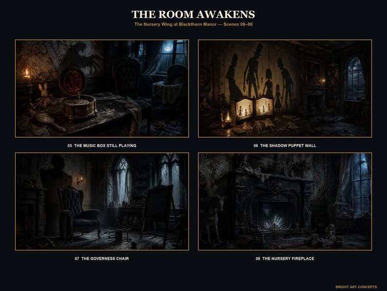 May include: A digital art print titled THE ROOM AWAKENS, The Nursery Wing at Blackthorn Manor &mdash; Scenes 05-08. It features four dark, atmospheric illustrations: 05 THE MUSIC BOX STILL PLAYING, 06 THE SHADOW PUPPET WALL, 07 THE GOVERNESS CHAIR, and 08 THE NURSERY FIREPLACE.