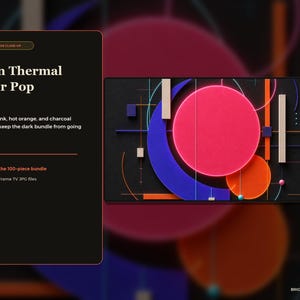 May include: A digital graphic display titled Neon Thermal Color Pop featuring a dark background with geometric shapes in thermal pink, hot orange, and charcoal. The composition includes circles, lines, and rectangles with 3840 x 2160 resolution.