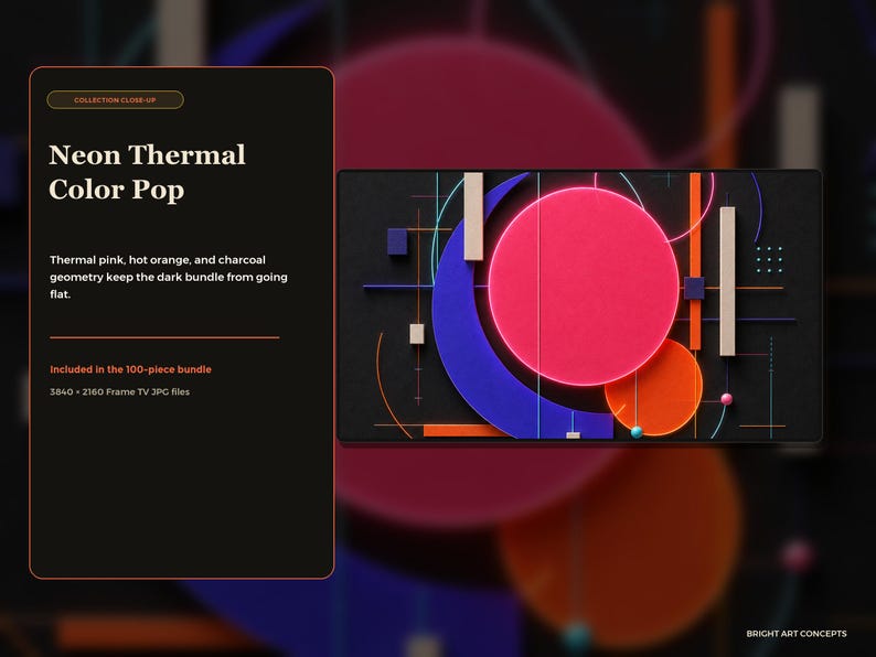 May include: A digital graphic display titled Neon Thermal Color Pop featuring a dark background with geometric shapes in thermal pink, hot orange, and charcoal. The composition includes circles, lines, and rectangles with 3840 x 2160 resolution.