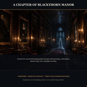 May include: A digital art print titled A CHAPTER OF BLACKTHORN MANOR featuring a dark, ornate hallway lined with framed portraits and lit by candles. A ghostly figure stands in the distance near a window. Text includes Twenty-four ancestral hauntings gather through veiled paintings, cracked glass, funeral crape, and a midnight unveiling.