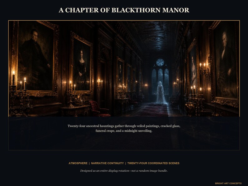 May include: A digital art print titled A CHAPTER OF BLACKTHORN MANOR featuring a dark, ornate hallway lined with framed portraits and lit by candles. A ghostly figure stands in the distance near a window. Text includes Twenty-four ancestral hauntings gather through veiled paintings, cracked glass, funeral crape, and a midnight unveiling.