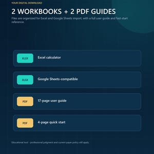 May include: A digital download set featuring 2 workbooks and 2 PDF guides. The dark blue graphic lists an Excel calculator, a Google Sheets-compatible file, a 17-page user guide, and a 4-page quick start. Text includes BRIGHTARTCONCEPTS and MEDICAL DOCUMENTATION TOOLS.