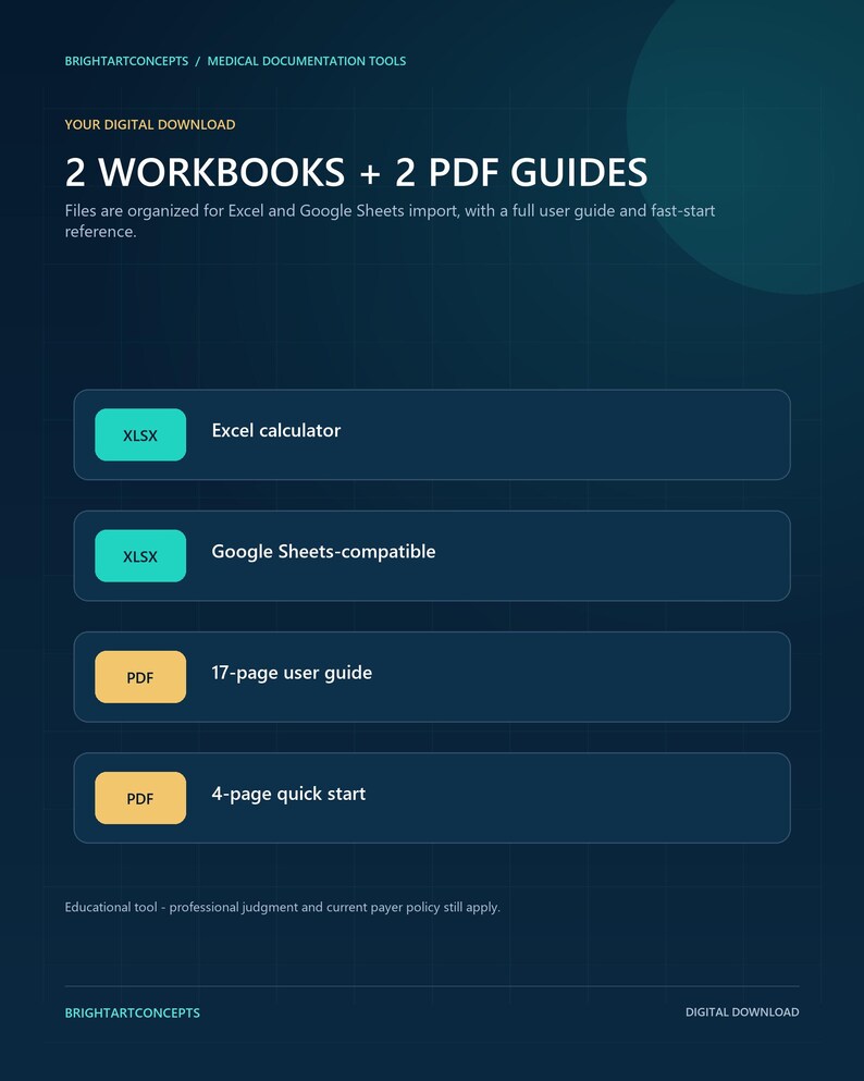 May include: A digital download set featuring 2 workbooks and 2 PDF guides. The dark blue graphic lists an Excel calculator, a Google Sheets-compatible file, a 17-page user guide, and a 4-page quick start. Text includes BRIGHTARTCONCEPTS and MEDICAL DOCUMENTATION TOOLS.
