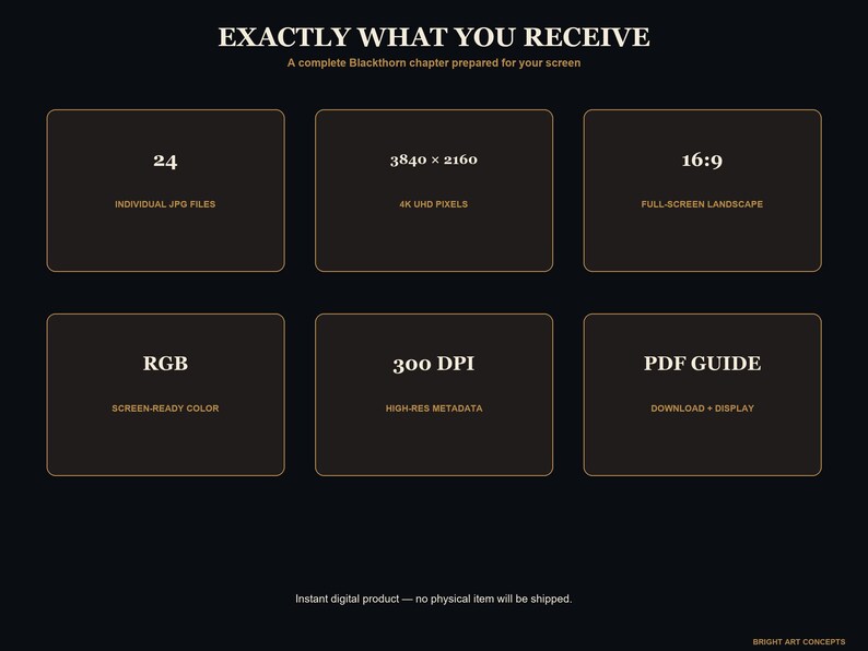 May include: A digital product information graphic with a black background and gold text. It lists specifications including 24 individual JPG files, 3840 x 2160 4K UHD pixels, 16:9 full-screen landscape, RGB screen-ready color, 300 DPI, and a PDF guide.