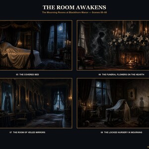 May include: A collection of four dark, atmospheric digital illustrations titled THE ROOM AWAKENS, The Mourning Rooms at Blackthorn Manor &mdash; Scenes 05-08. The panels depict a covered bed, funeral flowers on a hearth, veiled mirrors, and a locked nursery.