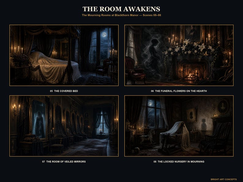 May include: A collection of four dark, atmospheric digital illustrations titled THE ROOM AWAKENS, The Mourning Rooms at Blackthorn Manor &mdash; Scenes 05-08. The panels depict a covered bed, funeral flowers on a hearth, veiled mirrors, and a locked nursery.