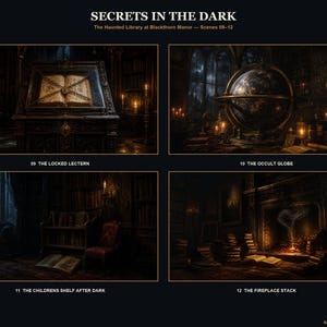 May include: A digital art print titled SECRETS IN THE DARK featuring four scenes from The Haunted Library at Blackthorn Manor: a chained book on a lectern, an occult globe, a children's shelf, and a fireplace stack with scattered books.
