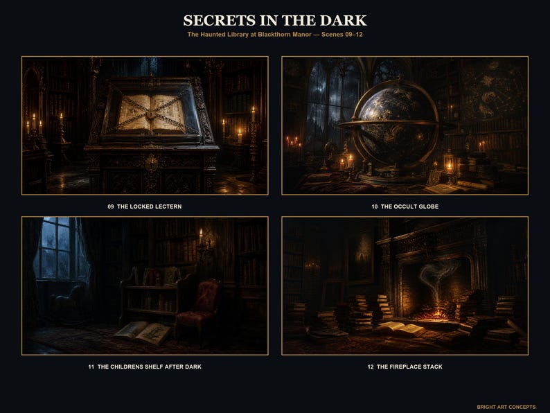 May include: A digital art print titled SECRETS IN THE DARK featuring four scenes from The Haunted Library at Blackthorn Manor: a chained book on a lectern, an occult globe, a children's shelf, and a fireplace stack with scattered books.