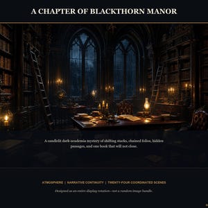 May include: A digital illustration titled A CHAPTER OF BLACKTHORN MANOR depicting a library with tall bookshelves, rolling ladders, and a central desk with candles. Text below reads: A candlelit dark-academia mystery of shifting stacks, chained folios, hidden passages, and one book that will not close. ATMOSPHERE | NARRATIVE CONTINUITY | TWENTY-FOUR COORDINATED SCENES.