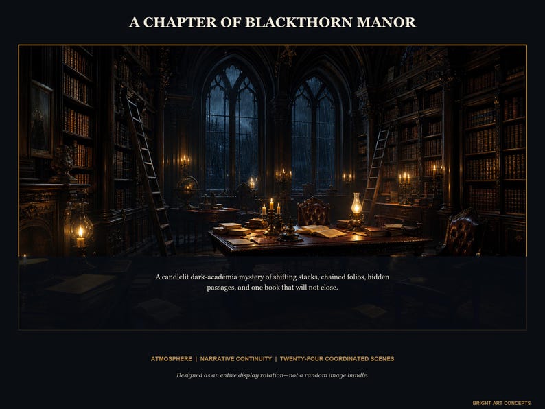 May include: A digital illustration titled A CHAPTER OF BLACKTHORN MANOR depicting a library with tall bookshelves, rolling ladders, and a central desk with candles. Text below reads: A candlelit dark-academia mystery of shifting stacks, chained folios, hidden passages, and one book that will not close. ATMOSPHERE | NARRATIVE CONTINUITY | TWENTY-FOUR COORDINATED SCENES.