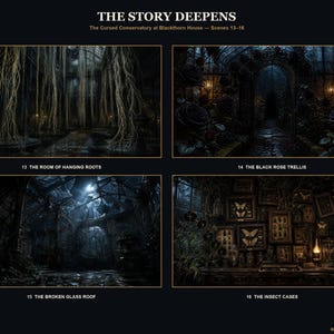May include: A digital art print titled THE STORY DEEPENS featuring four scenes from The Cursed Conservatory at Blackthorn House: The Room of Hanging Roots, The Black Rose Trellis, The Broken Glass Roof, and The Insect Cases by Bright Art Concepts.