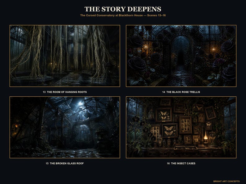 May include: A digital art print titled THE STORY DEEPENS featuring four scenes from The Cursed Conservatory at Blackthorn House: The Room of Hanging Roots, The Black Rose Trellis, The Broken Glass Roof, and The Insect Cases by Bright Art Concepts.