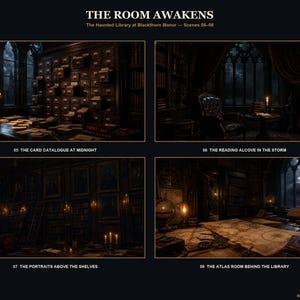 May include: A digital art print titled THE ROOM AWAKENS, The Haunted Library at Blackthorn Manor, featuring four dark, atmospheric scenes: 05 THE CARD CATALOGUE AT MIDNIGHT, 06 THE READING ALCOVE IN THE STORM, 07 THE PORTRAITS ABOVE THE SHELVES, and 08 THE ATLAS ROOM BEHIND THE LIBRARY.