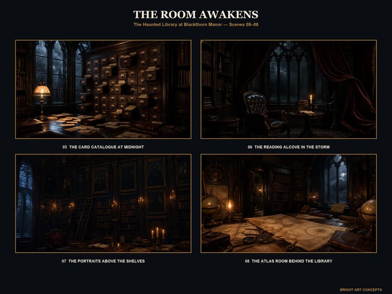 May include: A digital art print titled THE ROOM AWAKENS, The Haunted Library at Blackthorn Manor, featuring four dark, atmospheric scenes: 05 THE CARD CATALOGUE AT MIDNIGHT, 06 THE READING ALCOVE IN THE STORM, 07 THE PORTRAITS ABOVE THE SHELVES, and 08 THE ATLAS ROOM BEHIND THE LIBRARY.