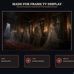 May include: Digital artwork for Samsung Frame TV titled MADE FOR FRAME TV DISPLAY. The image shows a dark, ornate hallway with glowing, translucent figures in formal attire standing before framed portraits, illuminated by warm candlelight.