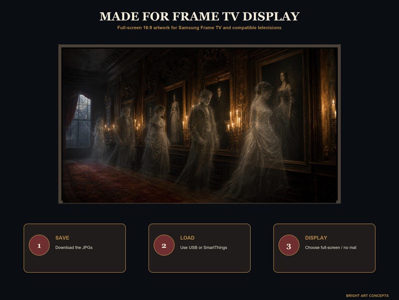 May include: Digital artwork for Samsung Frame TV titled MADE FOR FRAME TV DISPLAY. The image shows a dark, ornate hallway with glowing, translucent figures in formal attire standing before framed portraits, illuminated by warm candlelight.